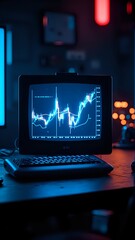 An image showing a computer screen displaying a financial chart, with a keyboard in front and a blurred background with lights and possibly a desk lamp.