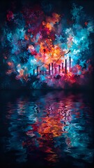 The image presents a surreal scene with a city skyline reflected on water, where the buildings are rendered in a series of concentric circles, with the outermost circle being the largest and the small