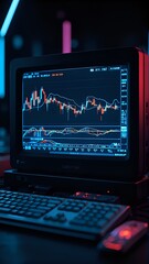 The image captures a computer monitor displaying a stock chart, flanked by a keyboard and a mouse, set against a dark backdrop with a neon-like glow.