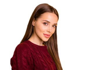 Close up photo of charming woman looking at camera wearing marsala jumper isolated over yellow background