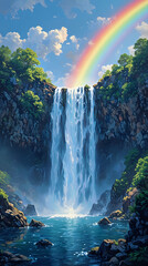 A vibrant digital painting portrays a waterfall cascading into a serene river, flanked by lush foliage and a sky dotted with a rainbow.