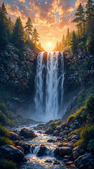 A breathtaking landscape painting showcases a serene waterfall cascading down a rugged cliff, with the sun peeking through the trees, casting a warm glow and highlighting the vibrant colors.