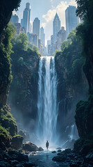 A serene image depicting a person standing in the foreground, gazing at a waterfall cascading down a rocky cliff with a cityscape of tall buildings in the background.