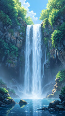 A fantastical digital illustration showcases a majestic waterfall cascading down a rocky cliff, with a tranquil river flowing at the base and an array of trees and foliage framing the scene.