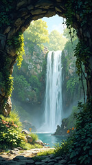 The image depicts a serene waterfall cascading down a rocky cliff, framed by a natural archway adorned with greenery and flowers.