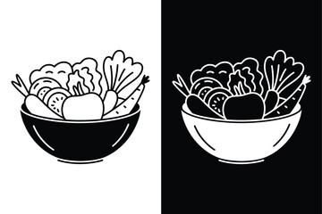 Bowl of Vegetables Silhouette Vector Icon Black and White Food Design.