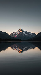 Serene Sunset Reflection Mountain Lake with Moon and Bird in Flight