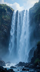 A majestic waterfall cascades down a rocky cliff, its waters shimmering under a clear sky, surrounded by lush greenery.