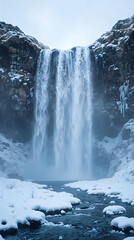 A breathtaking winter scene captures a serene waterfall cascading down a snow-covered cliff. The water, exhibiting a misty quality, is captured from a lower vantage point, enhancing its allure.