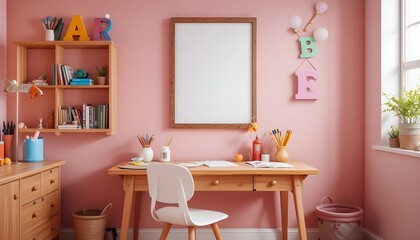 Stylish child room with wooden desk, colorful pens, brushes, and oversized letters under a mock up poster frame- bright and inspiring decor.
