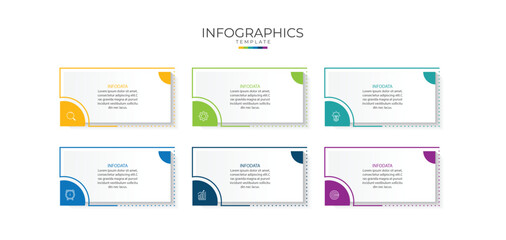 Design template for vector infographic labels with icons and 6 options or steps. Suitable for process diagrams, presentations, workflow layouts, banners, flow charts, and infographics.