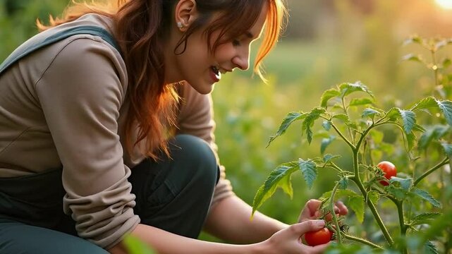 Femme heureuse de sa plantation de tomate, elle l'attrape et s'appr&ecirc;te &agrave; l'embrasser | IA / AI 