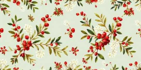 Festive Christmas Foliage and Berries Seamless Pattern Design