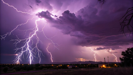 Purple lightning streaks flash across a brooding storm sky, capturing nature&rsquo;s raw and electrifying power at night.
