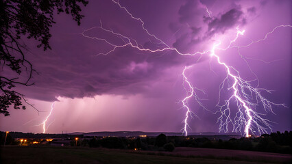 Purple lightning streaks flash across a brooding storm sky, capturing nature&rsquo;s raw and electrifying power at night.