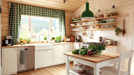 A cozy kitchen with open shelving and checkered curtains.