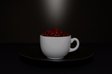 coffee beans on coffee mug on black background closeup view , coffee concept photography 
