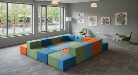 Colorful modular seating arrangement in modern interior space