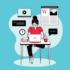 Vector illustration of a business person with a laptop, suitable for office communication and technology concepts