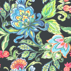 Jacobean floral hand painting repeat pattern print Floral seamless pattern