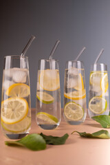 refreshing infused water with sliced lemons and limes in sleek glasses with straws, set against a soft gradient background, exuding freshness and elegance, taste, vibrant, flavor, uplifting, zesty