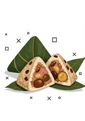 Delicious zongzi rice dumplings filled with a variety of meats and nuts wrapped in bamboo leaves against a clean white background, cultural concept of Chinese cuisine or food festivals