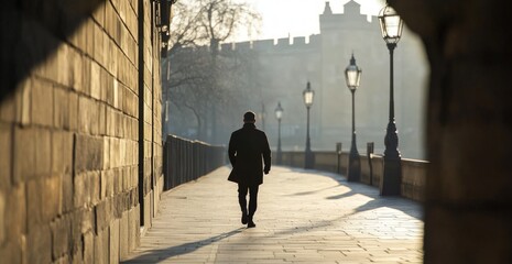 Person walking on stone path lined with street lights in silhouette