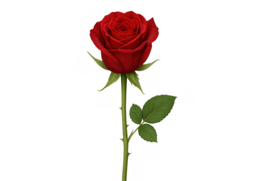 Single long-stemmed red rose with green leaves isolated on transparent background, perfect for valentine's day, anniversaries, or romantic projects