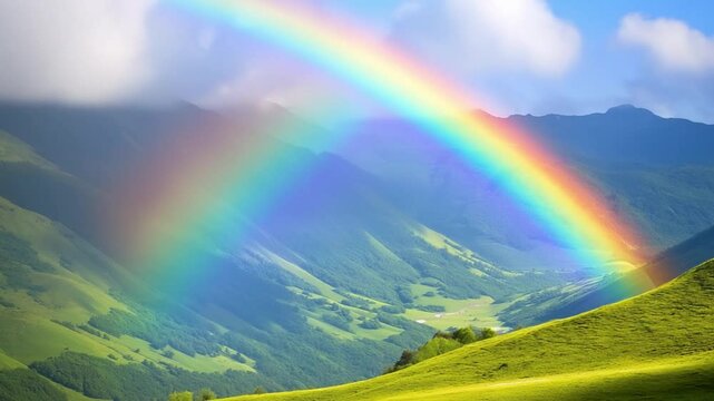 A rainbow spans across the sky, illuminating the green hills and valleys below in a picturesque mountain setting after a rain