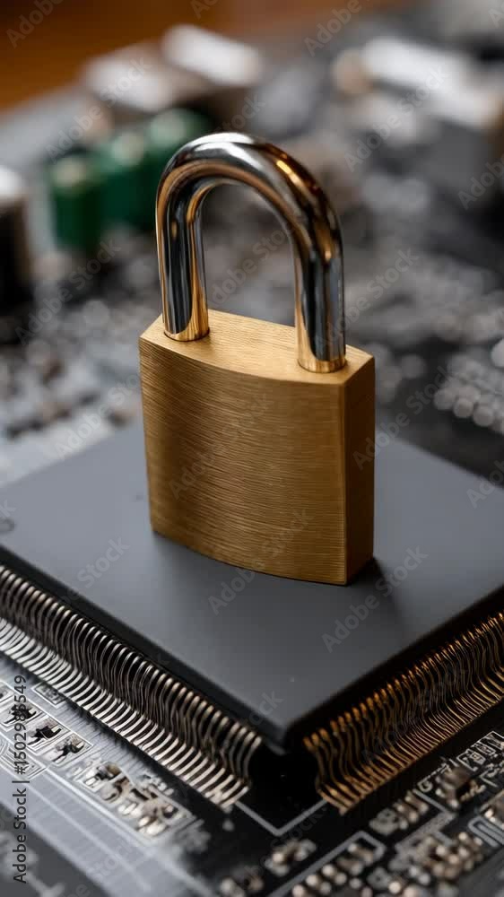 Poster lock on a computer chip illustrating data protection and cybersecurity concerns in a technological e