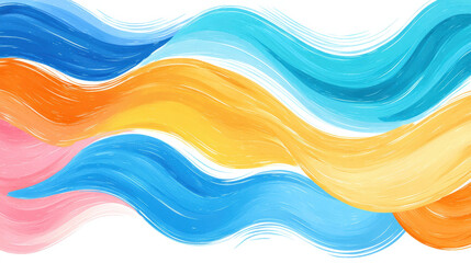 Vibrant abstract painting with flowing blue, yellow, orange, and pink brush strokes creating dynamic and lively wave pattern
