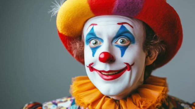 A clown performer showcases a bright smile while wearing a colorful outfit and distinctive face paint in a cheerful indoor setting