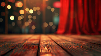 Stage with red curtains and lights. Red velvet rustic wooden tabletop. Blurred bokeh glowing rustic countertop background. Symphony audience theatre stage lights. Empty wooden table bokeh lights 