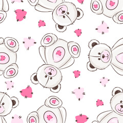 Cute pink girly vector pattern featuring playful bears and whimsical hearts. Vector illustration
