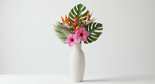 Tropical floral arrangement in white vase