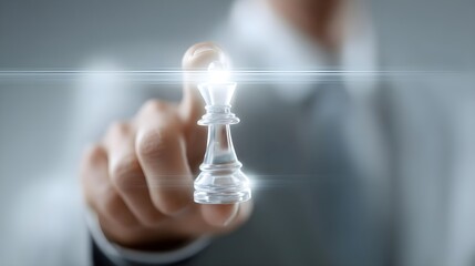 Businessman holding a glowing chess piece symbolizing strategy