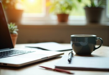 Workspace with a laptop, coffee mug, pen, and papers near a window with potted plants
