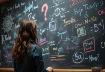 A student analyzing complex equations on a chalkboard in a classroom