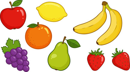Create a kinds of Set of fruits. Cute bright colors of fruits vector collections. apple, lemon, banana, orange, pear, grapes, , strawberry, with white background .