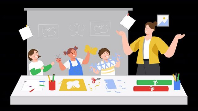 Paper Craft Lesson With Teacher and Children is a flat design stock illustration suitable for educational visuals, tech scenes, character concepts, and creative user interface content.