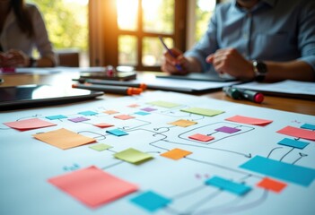 Business team collaborating on project planning with colorful sticky notes and diagrams