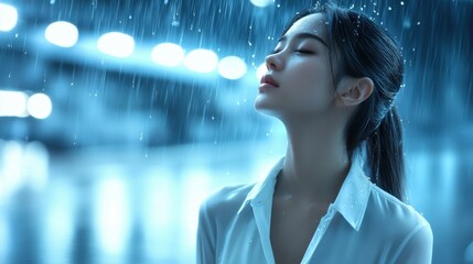 Obraz premium Peaceful Woman Enjoying Rain Quietly at Night Time