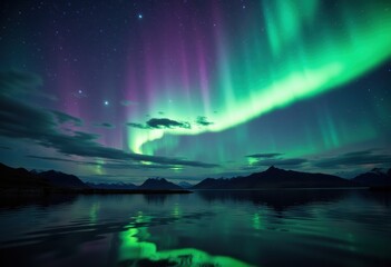 Naklejka premium Stunning display of the northern lights illuminating the night sky over a calm lake