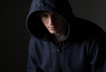 A young man in a dark hoodie gazes intensely from the shadows