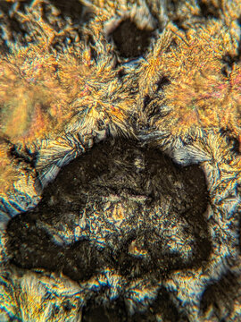 Needle-like crystals under polarized microscope showing vivid birefringence