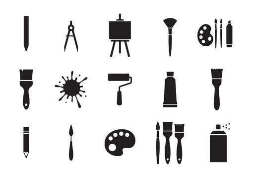 Painting or art drawing silhouette design bundle, set of artwork logo icon, brush, paint tube, colour, canvas clip art symbol