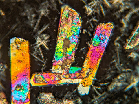 Needle-like crystals under polarized microscope showing vivid birefringence