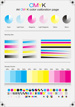 CMYK color calibration page in A4 format. Includes banding tests, ink density control (25% to 100%), color gradients, and registration marks. Designed to adjust and verify color accuracy on offset or 