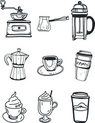 Coffee drawing, engraving, ink, line art, vector	