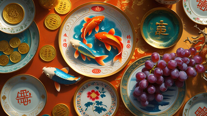 Fototapeta premium Vibrant Koi fish and lucky coins celebrate Chinese New Year prosperity grapes add sweetness to this auspicious scene